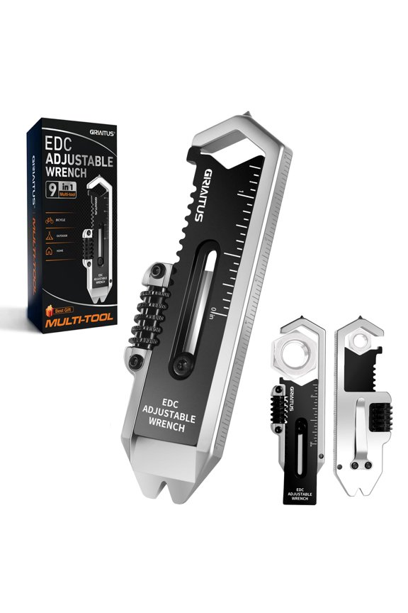 Small Multitool Wrench 9 in 1 Pocket Adjustable Wrench for Screw with Mini Pry Bar Nail Puller Keychain Tool Caliper Measuring Ruler Glass Breaker EDC Gadget Survival Gear for Men Cycling Hiking