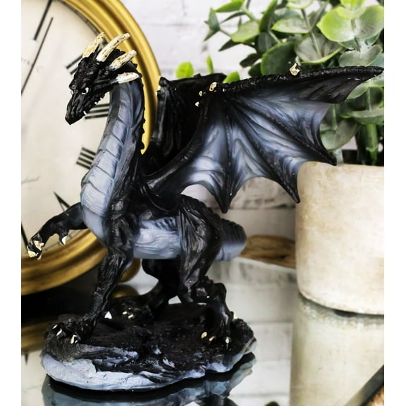 Small Mythical Fantasy Black Midnight Dragon On Volcanic Rock DecorFigurine