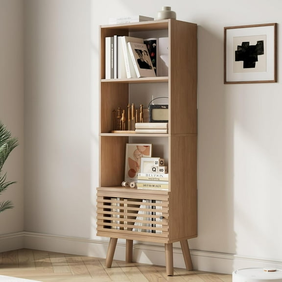 Small Narrow Corner Bookcase, 55" H Mid-Century Modern Bookshelf with Slatted Door, 4 Cube Bookcase with Open Shelf, Display Storage Cabinet for Living Room, Home Office, Oak