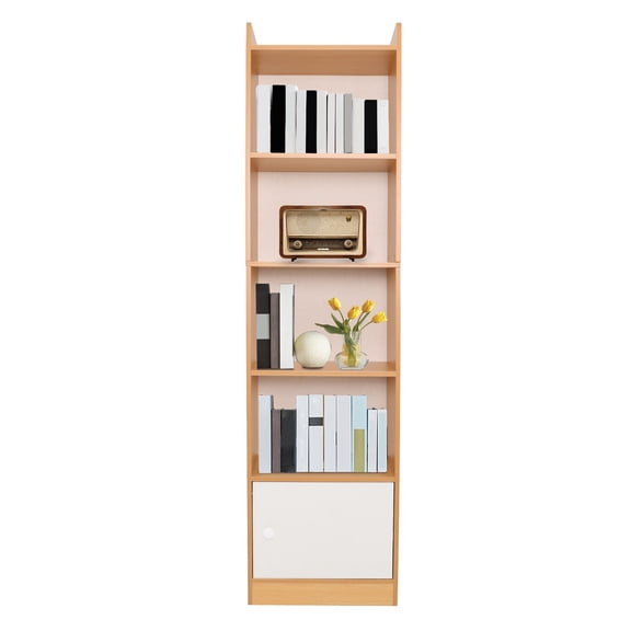 Small Narrow Corner Bookcase 60 In Tall Gap Freestanding Storage Cabinet 5 Tier Vertical Cube Bookcase Freestanding Display Organizer with Door for Small Spaces (Log Color and White)