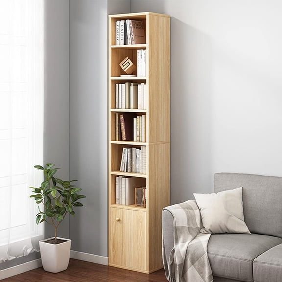 Small Narrow Corner Bookcase 71 Inches Tall 7-Cubes with Door in Oak