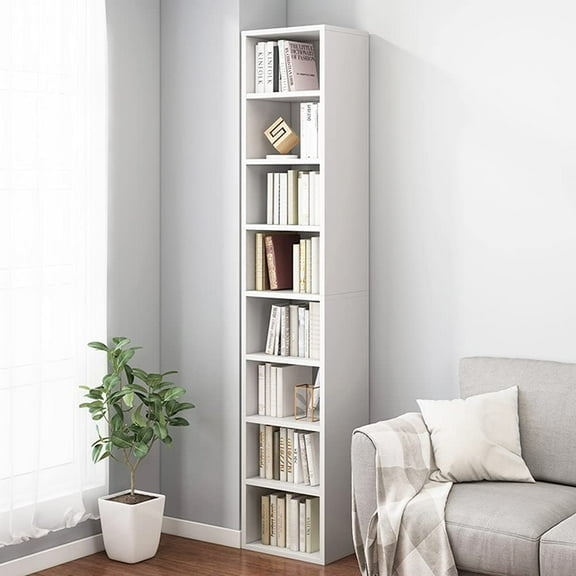 Small Narrow Corner Bookcase - 71 Inches Tall Gap Freestanding Storage Cabinet, 8 Lattices Open Shelves Tower Rack, Cubes Bookshelf in White