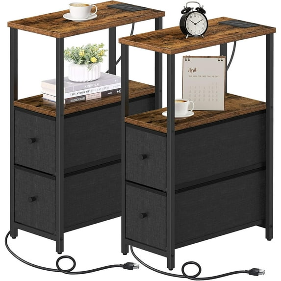 Small Narrow End Table with Charging Station, Set of 2, Side Table with Outlets, Nightstand with 2 Cloth Drawers, Couch Table, for Living Room, Bedroom, Bedside, Brown and Black