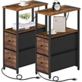 thumbnail image 1 of Small Narrow End Table with Charging Station, Set of 2, Side Table with Outlets, Nightstand with 2 Cloth Drawers, Couch Table, for Living Room, Bedroom, Bedside, Brown, 1 of 16