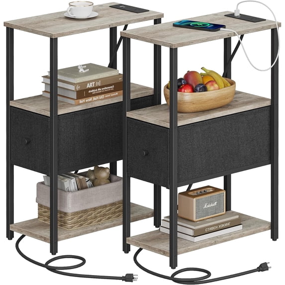 Small Narrow End Table with Charging Station, Set of 2, Side Table with Outlets, Nightstand with Cloth Drawer, Couch Table, for Living Room, Bedroom, Bedside, Greige
