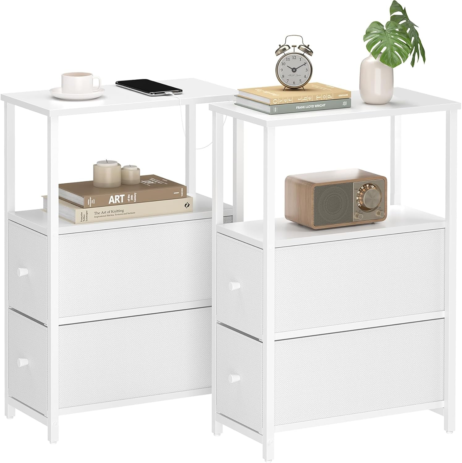 White Metal and Fabric 2-Drawer Nightstand Set with Shelves