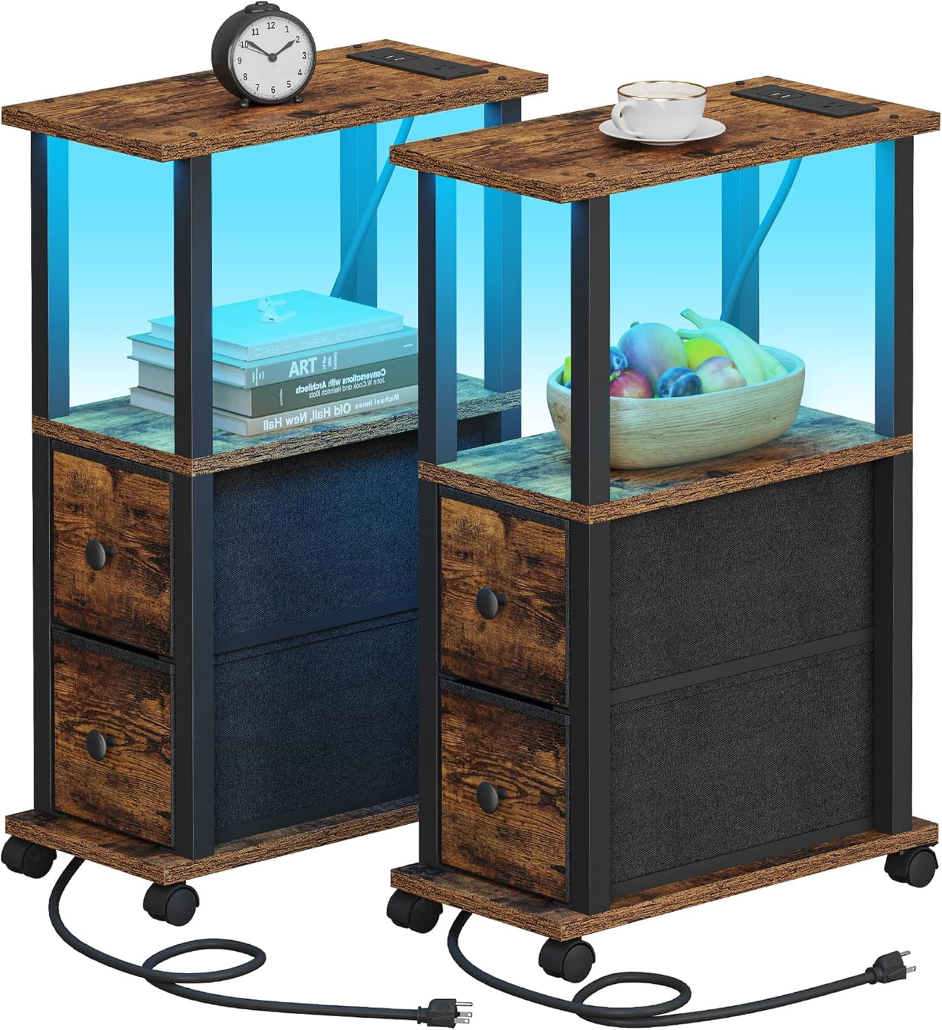 Small Narrow End Tables,Set of 2, Bedside Tables with Charging Station ...
