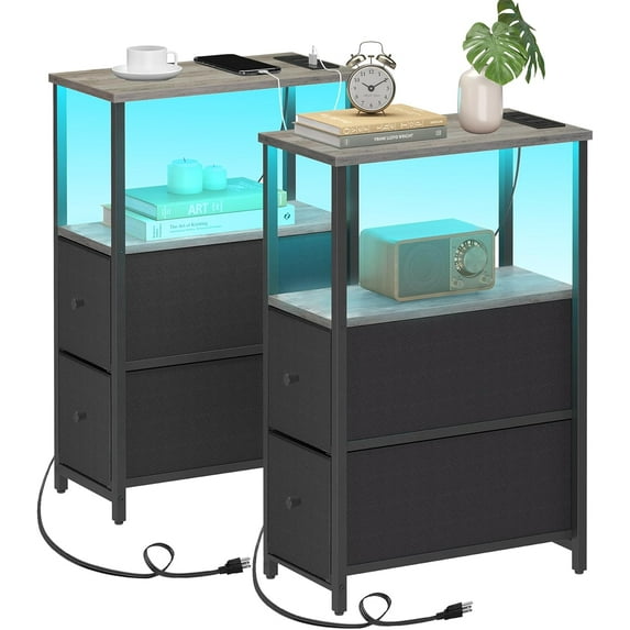 Small Narrow LED End Table with Charging Station, Side Table Outlets, Nightstand with 2 Cloth Drawers, Set of 2, Couch Table, for Living Room, Bedroom, Bedside, Greige