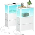 thumbnail image 1 of Small Narrow LED End Table with Charging Station, Side Table Outlets, Nightstand with 2 Cloth Drawers, Set of 2, Couch Table, for Living Room, Bedroom, Bedside, White, 1 of 16