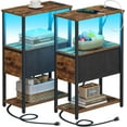 thumbnail image 1 of Small Narrow LED End Table with Charging Station, Side Table Outlets, Nightstand with Cloth Drawer, Set of 2, Couch Table, for Living Room, Bedroom, Bedside, Brown, 1 of 18