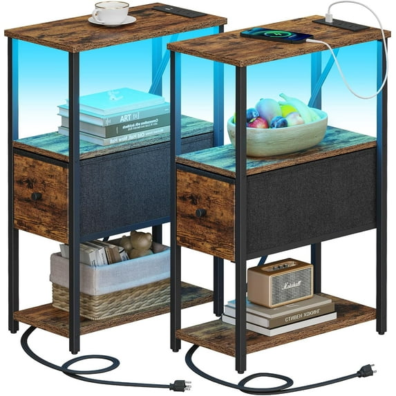 Small Narrow LED End Table with Charging Station, Side Table Outlets, Nightstand with Cloth Drawer, Set of 2, Couch Table, for Living Room, Bedroom, Bedside, Brown
