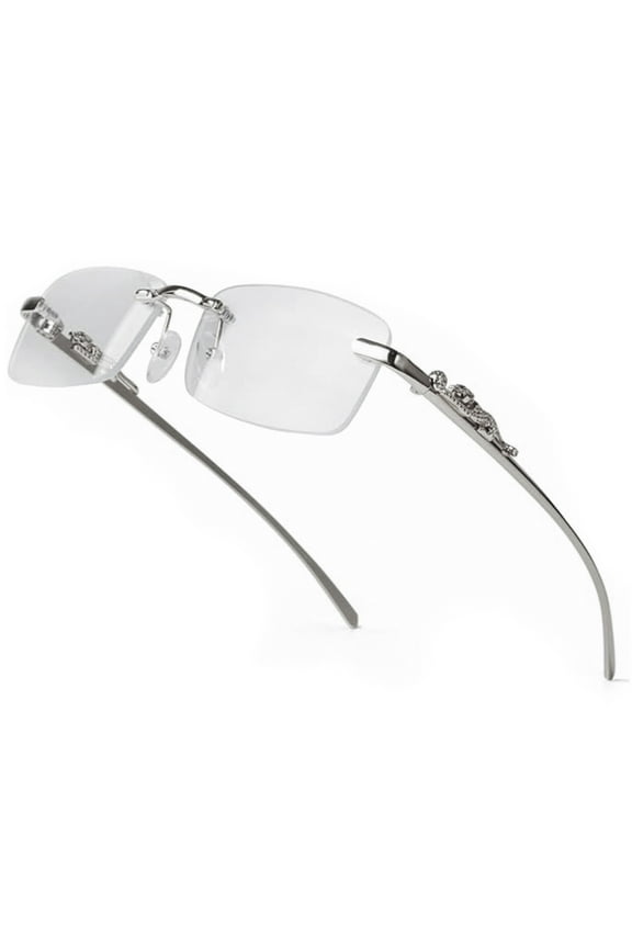 Small Narrow Rimless Square Silver Metal Wire Frames Unisex Trendy 90’s Hip Hop Retro Luxury Leopard Arms Frameless Glasses Rectangle Designer Clear Lens Eye Glasses For Men And Women