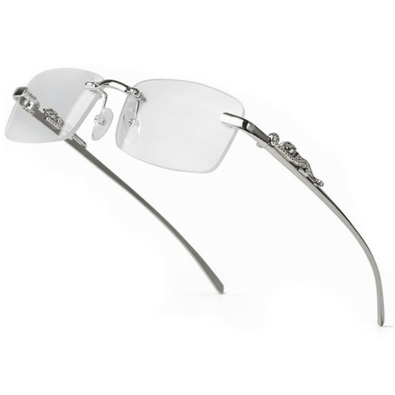 Small Narrow Rimless Square Silver Metal Wire Frames Unisex Trendy 90’s Hip Hop Retro Luxury Leopard Arms Frameless Glasses Rectangle Designer Clear Lens Eye Glasses For Men And Women