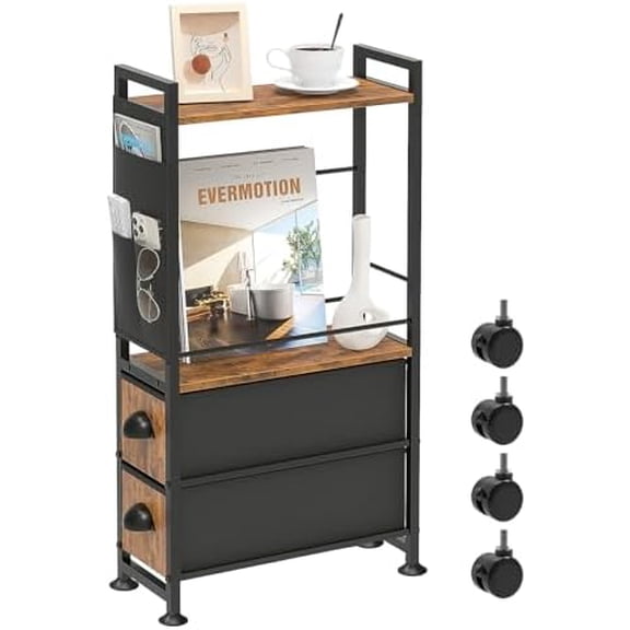 Small Narrow Side End Table, 2 Drawer Slim Nightstand Bedside Sofa Table with Wheels, Space Saving Rolling Skinny Thin Desk with Storage Bag for Bedroom Living Room Couch Bathroom Dorm