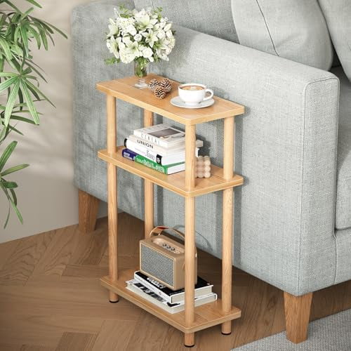 Small Narrow Side Table, 3-Tier Skinny End Table for Small Spaces, Slim Nightstand with Storage Shelf, Bedside Table for Living Room, Bedroom, Natural