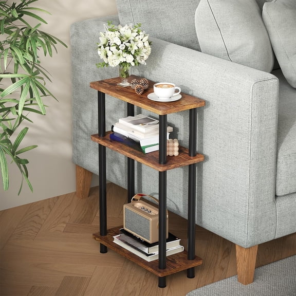 Small Narrow Side Table, 3-Tier Skinny End Table with Storage Shelf, Slim Nightstand Bedside Table for Small Spaces, Living Room, Bderoom,