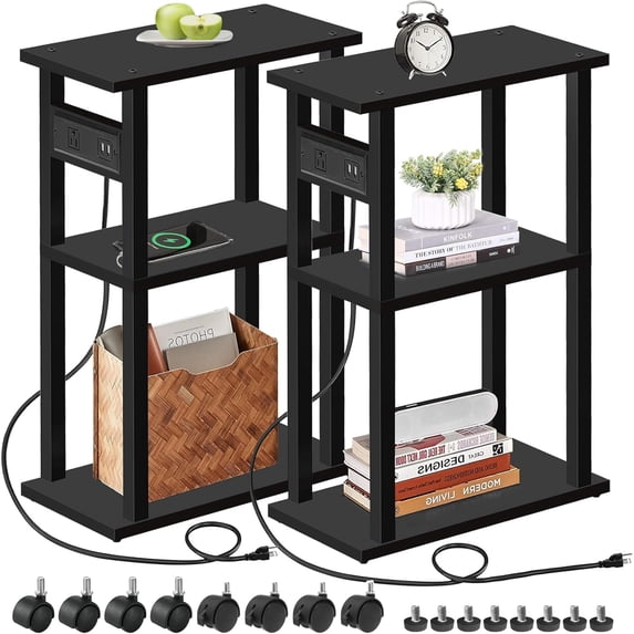Small Narrow Side Table with Charging Station, Set of 2 Skinny End Table for Small Spaces, Slim Nightstand with USB Ports and Outlet,Sofa Beside Table with Wheels,Black