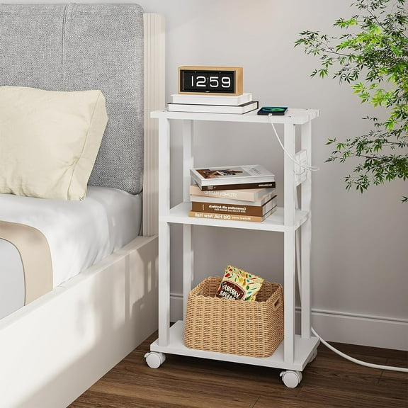 Small Narrow Side Table with Charging Station, Set of 2 Skinny End Table for Small Spaces, Slim Nightstand with USB Ports and Outlet, Sofa Beside Table with Wheels, White TB01BW047