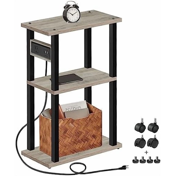 Small Narrow Side Table with Charging Station, Skinny End Table for Small Spaces, Slim Nightstand with USB Ports and Outlet, Sofa Beside Table with Wheels, Greige TB01BG046