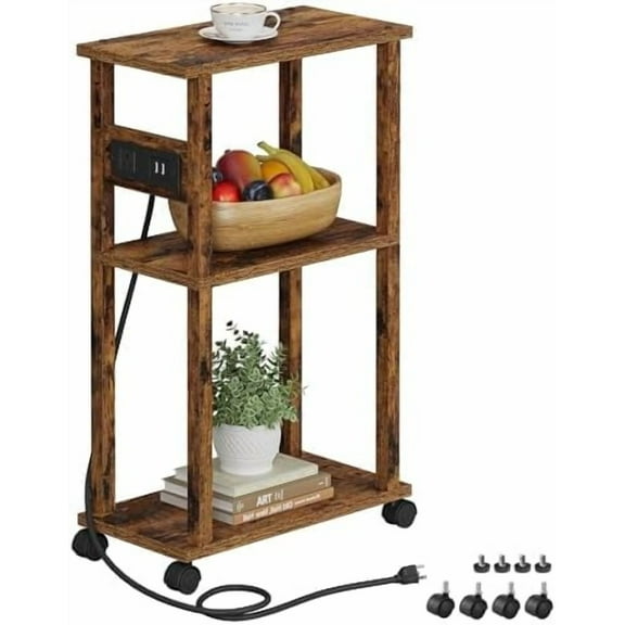 Small Narrow Side Table with Charging Station, Skinny End Table for Small Spaces, Slim Nightstand with USB Ports and Outlet, Sofa Beside Table with Wheels, Rustic Brown TB01BB046C