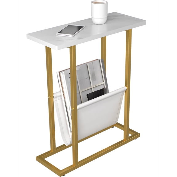 Small Narrow Side Table for Small Spaces, 17.7" W Slim End Table Magazine Table Nighstand with Storage Holder, Accent Skinny Snack Couch Bedside Table, Gold White