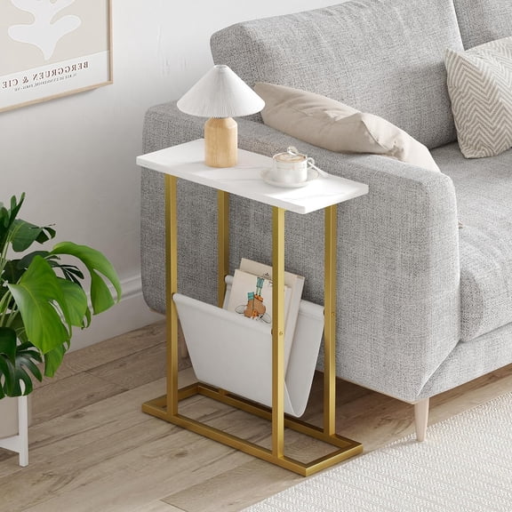 Small Narrow Side Table for Small Spaces, Slim End Table with Storage Holder, Gold White Accent Couch Bedside Table