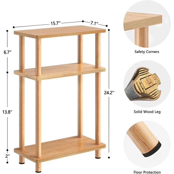 Small Narrow Side Table with 3-Tier Storage, Slim Nightstand for Living Room, Bedroom, Natural
