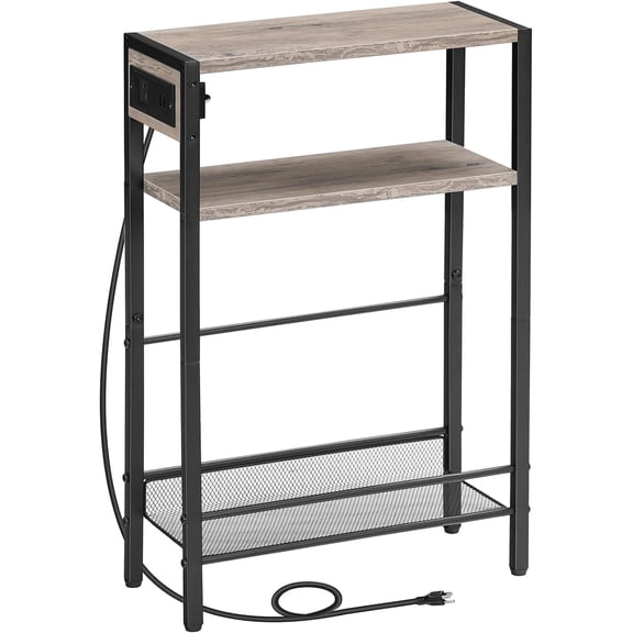 Small Narrow Side Table with Charging Station Slim Nightstand with USB Ports Outlet with Storage Shelf Gray BG102UBZ01