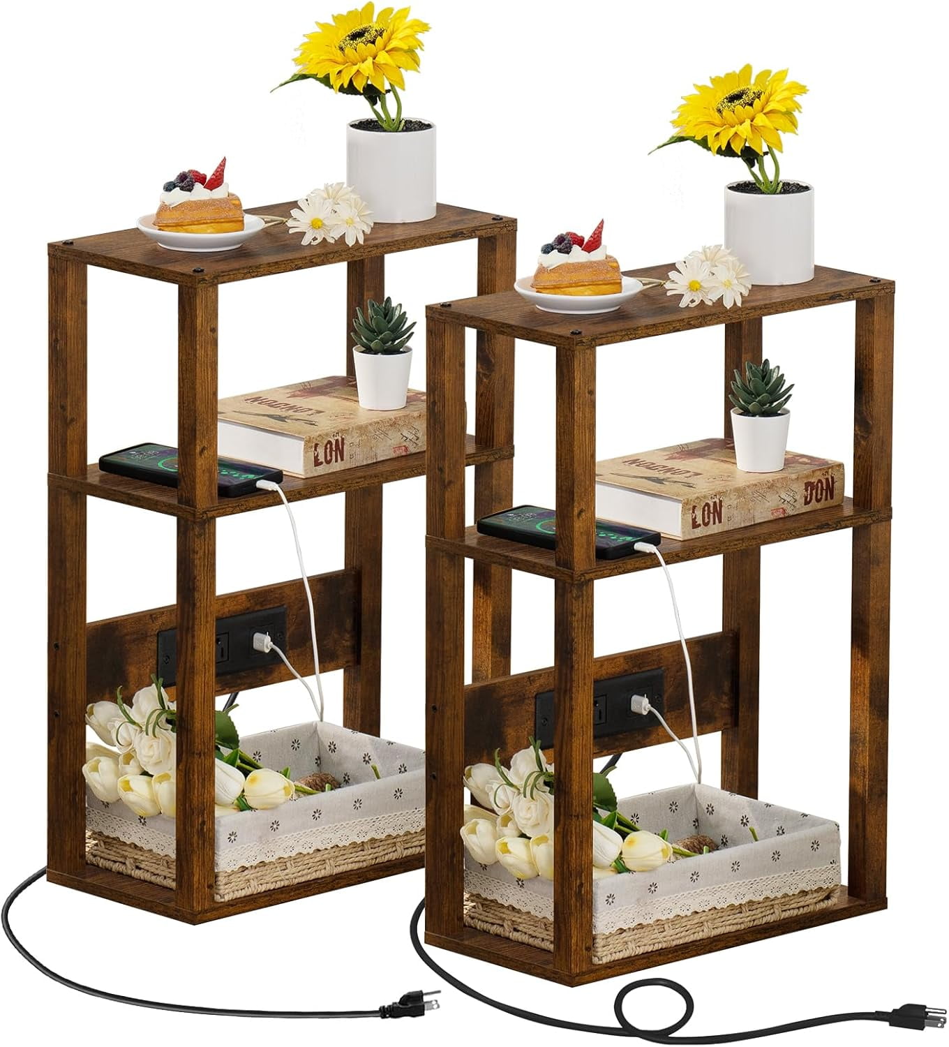 Small Narrow Wood Side Table Set of 2 with Charging Station Skinny