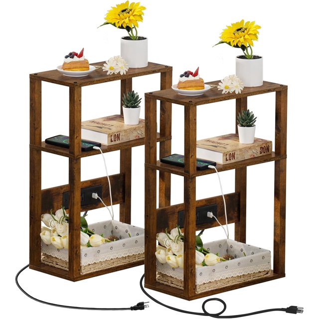 Small Narrow Wood Side Table Set of 2 with Charging Station Skinny