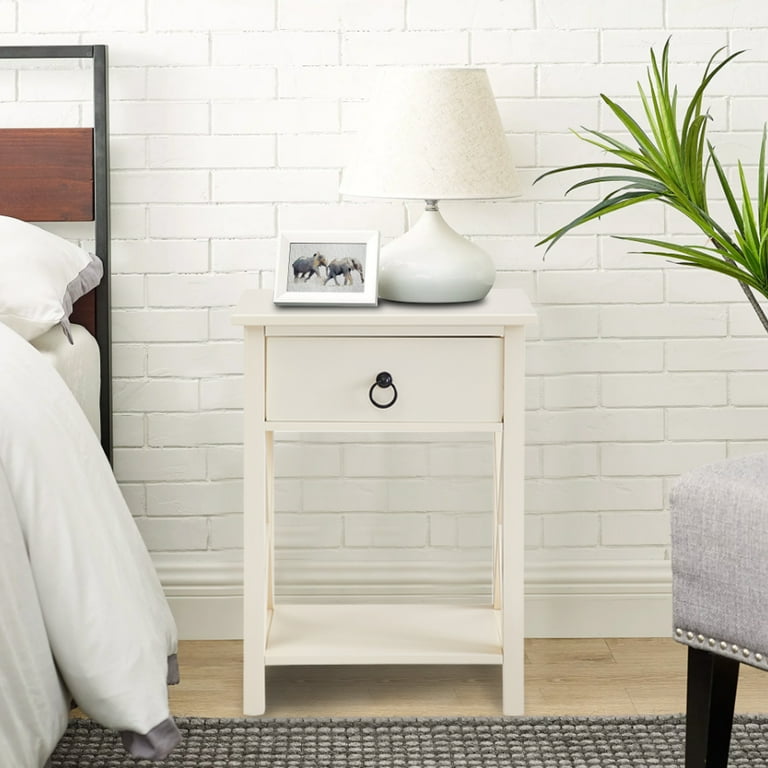 Small Night Stand with Storage Shelf and Drawer Wood Nightstand for Bedrooms Solid Wooden Night Table Set of 2 Cream