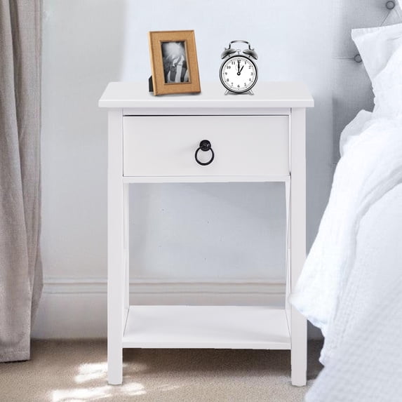 Small Night Stand with Storage Shelf and Drawer, Wood Nightstand for Bedrooms, Solid Wooden Night Table, Set of 2, White