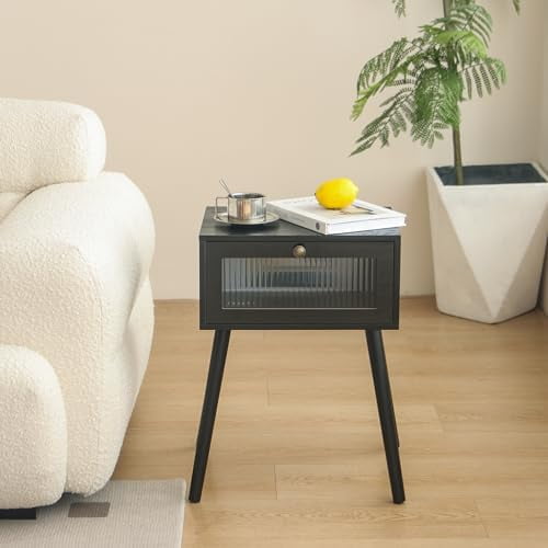 Small Nightstand with Drawer, Black Modern Bedside Table with Storage, Side Table Bedroom End Table with Storage and Solid Wood Legs for Living Room and Small Space (Black)