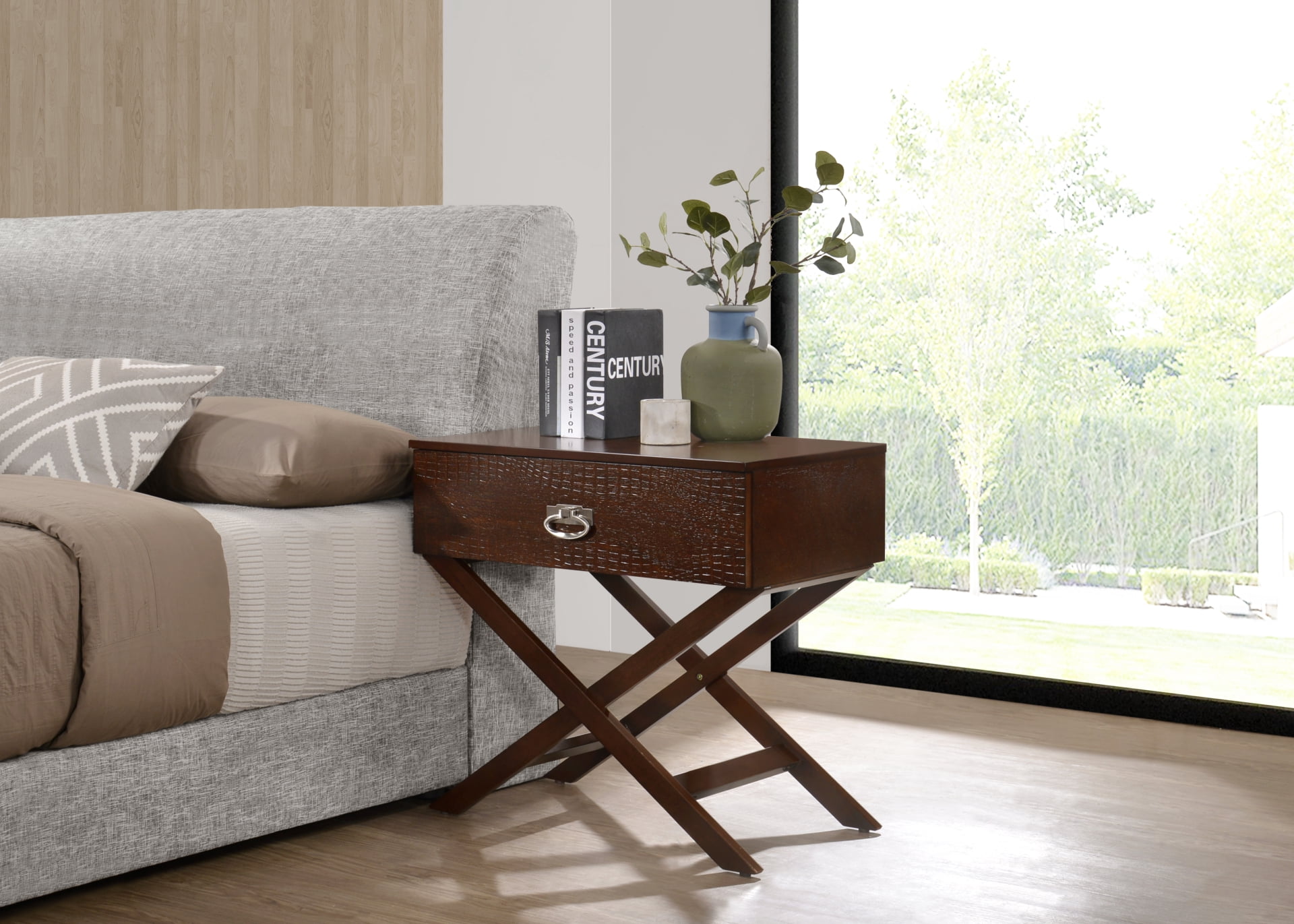 Image showcasing Small Nightstand with Drawer, Unique X-Frame Noght Stand with Croc ...
