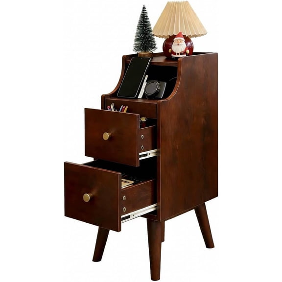 Small Nightstand with Drawers, Narrow Bedside Tables with Open Shelf &  Hole, Narrow Nightstand for , Modern Storage Cabinet for Small Spaces/ Room, Cherry