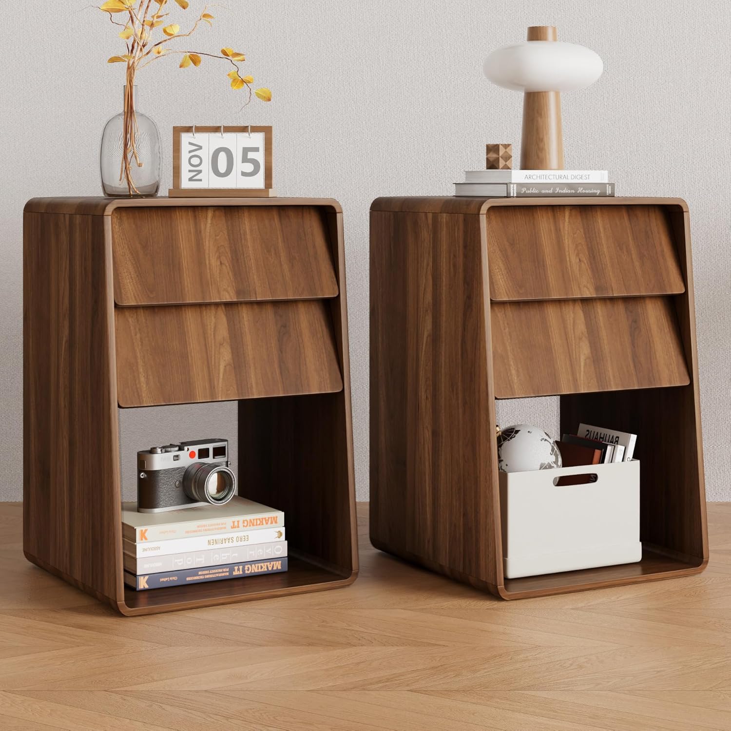Small Nightstand Set of 2, Wood Bedside Table, Boho Bed Side Table with ...