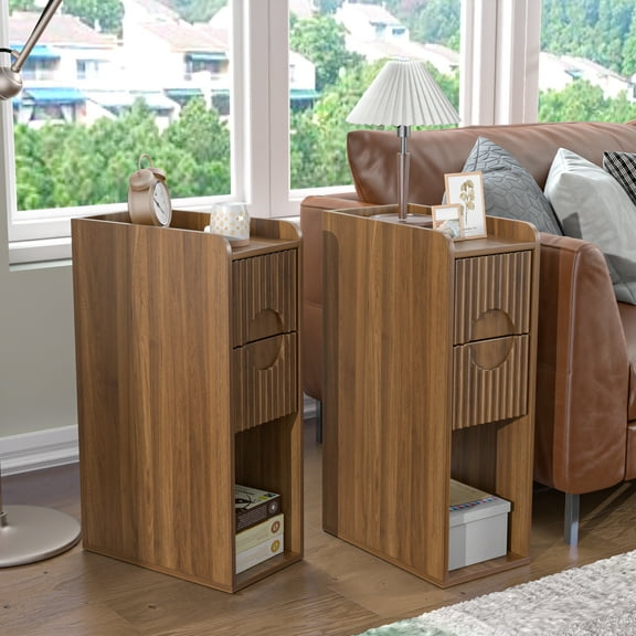 Small Nightstand with 2 Drawers, Narrow Bedside Table with Storage, Modern Side End Table for Bedroom, Living Room (Walnut)