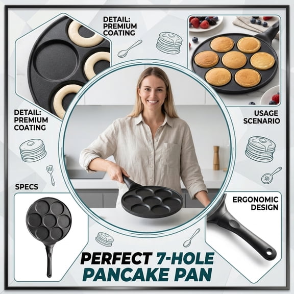 Small Nonstick Frying Pan, 7 Mold Aluminum, Mini Pancake Maker, Kitchen Cookware, Morning Meal Prep, 10 in Diameter, 1 Pc