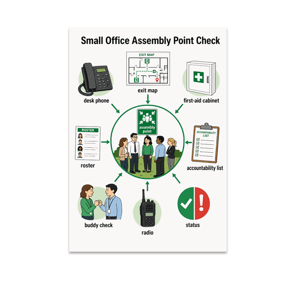 Small Office Assembly Point Check Poster, Office Teams, Shared Workspaces, and Emergency Planning, 13x19 Glossy Paper