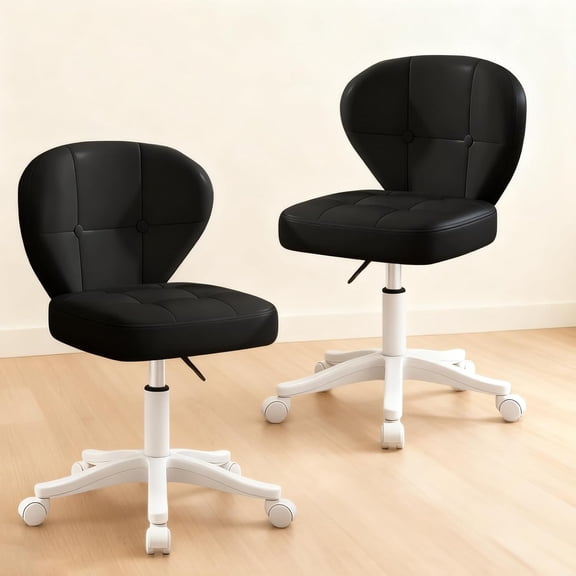 Small Office Chair with Lumbar Support, PU Leather Armless Swivel Desk Chair Adjustable Height, Compact Rolling Chair for Home Office, Bedroom, Study Black Set of 2