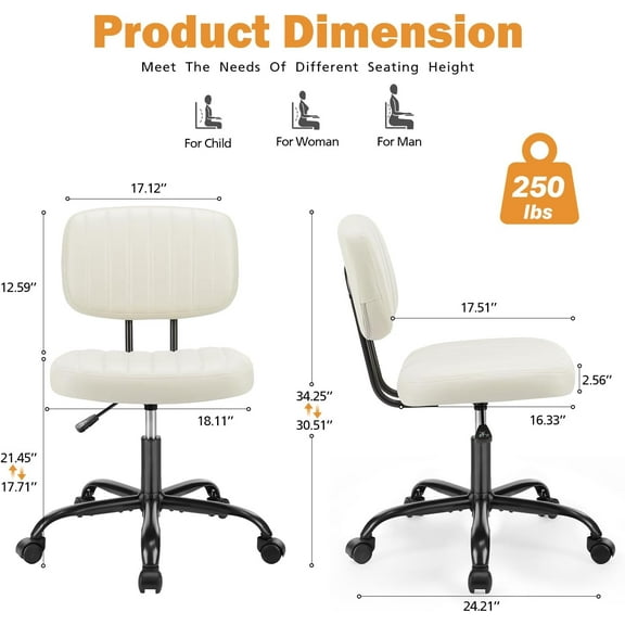 Small Office Computer Desk Chair with Wheels and Lumbar Support, Comfy Armless PU Leather Vanity Rolling Task Chair for Adult Student
