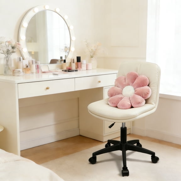 Small Office Desk Chair, PU Leather Armless Swivel Chair with Lumbar Pillow, Height Adjustable Task Chair for Small Spaces, Bedroom & Vanity Beige