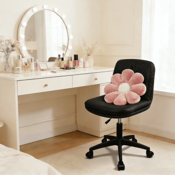 Small Office Desk Chair, PU Leather Armless Swivel Chair with Lumbar Pillow, Height Adjustable Task Chair for Small Spaces, Bedroom & Vanity Black