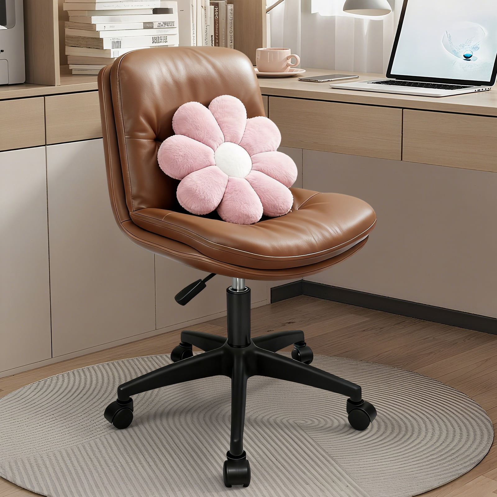 Small Office Desk Chair, PU Leather Armless Swivel Chair with Lumbar Pillow, Height Adjustable Task Chair for Small Spaces, Bedroom & Vanity Brown