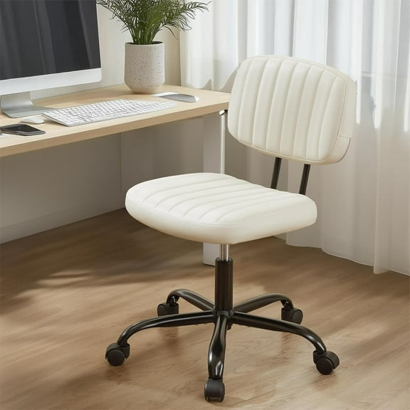 Small Office Desk Chair - Armless PU Leather with Comfy  Support, Height Adjustable Rolling Swivel Task for No , for Adult, Student, , , Vanity, Beige White