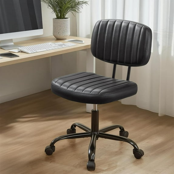 Small Office Desk Chair with Wheels Armless Comfy Computer Chair with Lumbar Support, PU Leather Low Back Adjustable Height 360° Rolling Swivel Task Chair Without Arm for Home, Bedroom