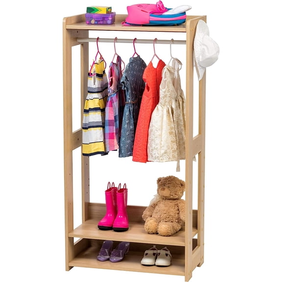 Small Open Wood Clothing Rack for Small Spaces, Clothes Rack with Shelves, Garment rack with Side Hook, Light Brown