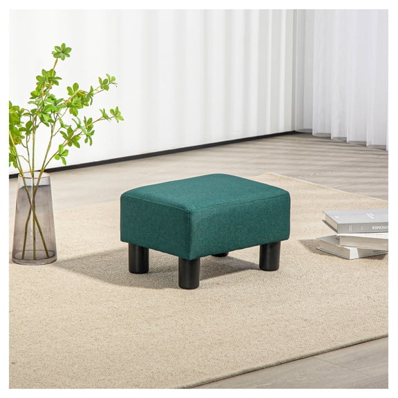 Small Ottoman Foot Rest, Linen Cube Stool, 15.75" Green Footstool, Plastic Legs, Living Room Bedroom Decor