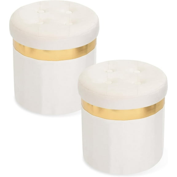 Small Ottoman with Storage,Folding Round Ottoman with Gold Trim,Velvet Storage Stool,Foot Stool with Soft Padded,Foot Rest for Living Room13“x13”x12.4(Beige,1pcs)