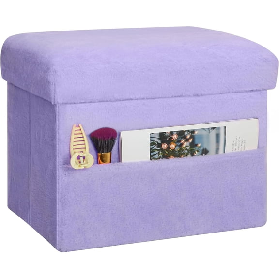 Small Ottoman with Storage, Folding Soft Fur Storage Foot Rest Stool with Thicker Furry Padded Seat. Ottoman Bench for Bedroom Living Room, Holds Up to 300 lbs, 17x13x13IN (Purple)